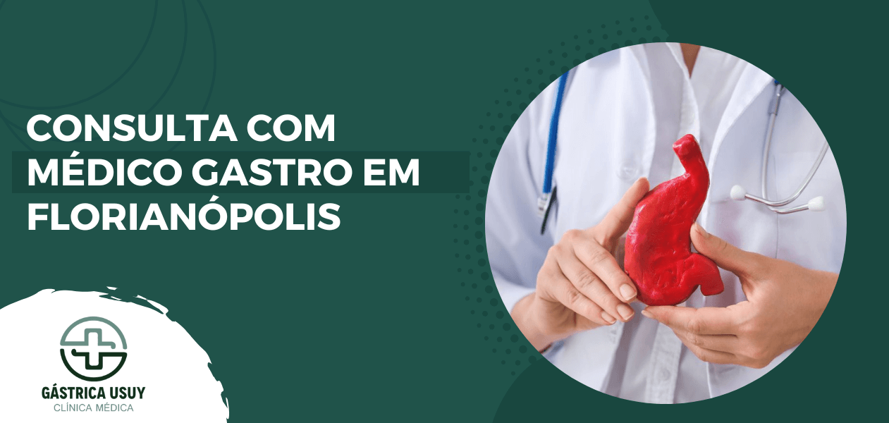 Arte visual destacando a consulta com médico gastro em Florianópolis na Clínica Gástrica Usuy, com foco em saúde digestiva especializada.