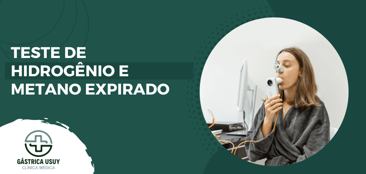 Paciente realizando exame respiratório ilustrado como teste de hidrogênio e metano expirado, procedimento usado para investigar distúrbios intestinais.