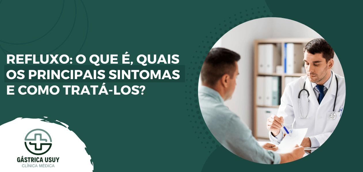 Capa do artigo sobre refluxo com destaque para pessoa tocando a garganta e chamada sobre sintomas, causas e opções de tratamento.