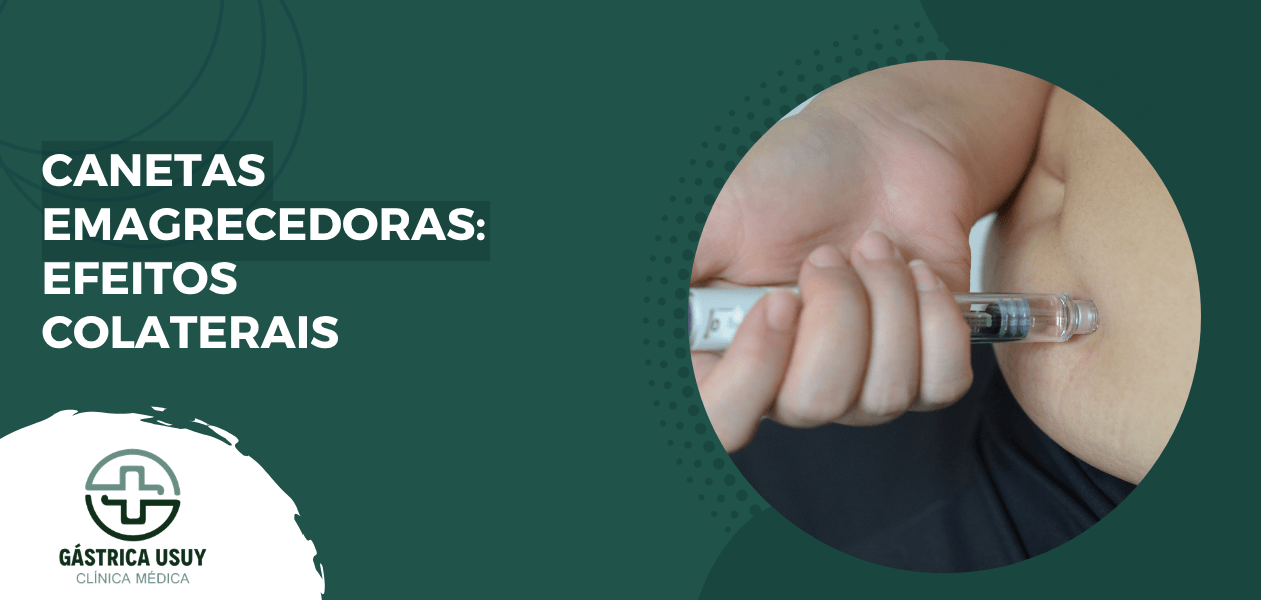 Ilustração de uma caneta emagrecedora aplicada na coxa com título sobre efeitos colaterais dos medicamentos para emagrecimento.