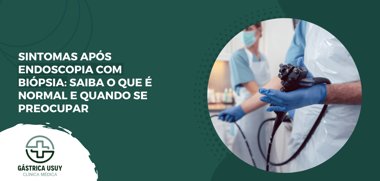 Capa sobre sintomas após endoscopia com biópsia, mostrando profissional com aparelho endoscópico durante exame digestivo.