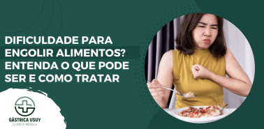 Mulher com desconforto ao comer representando dificuldade para engolir alimentos e sintomas relacionados à disfagia em destaque informativo de clínica médica.