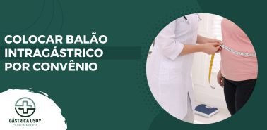 Imagem ilustrativa com médica medindo circunferência abdominal de paciente ao lado da frase colocar balão intragástrico por convênio.