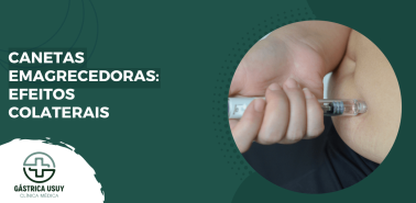 Ilustração de uma caneta emagrecedora aplicada na coxa com título sobre efeitos colaterais dos medicamentos para emagrecimento.