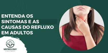 Mulher com ardor na garganta segurando o pescoço, sintoma comum de refluxo em adultos causado pelo retorno do ácido do estômago