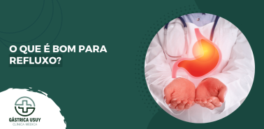Capa de artigo sobre o que é bom para refluxo com destaque para ilustração do estômago e identidade visual de clínica médica.