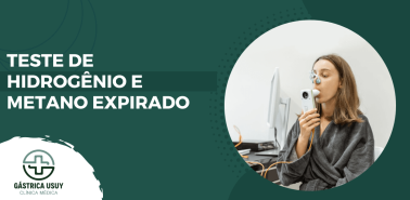 Paciente realizando exame respiratório ilustrado como teste de hidrogênio e metano expirado, procedimento usado para investigar distúrbios intestinais.