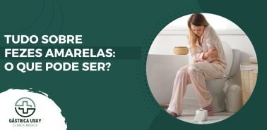Arte gráfica com paciente sentada no vaso sanitário e destaque para a frase tudo sobre fezes amarelas: o que pode ser.