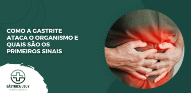 Capa de artigo sobre como a gastrite ataca o organismo, com ilustração de dor na região do estômago.