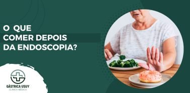 Banner com mulher que recusa alimento gorduroso e escolhe vegetais após exame, representando o que comer depois da endoscopia segundo orientações médicas.
