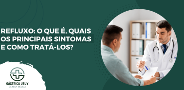 Capa do artigo sobre refluxo com destaque para pessoa tocando a garganta e chamada sobre sintomas, causas e opções de tratamento.
